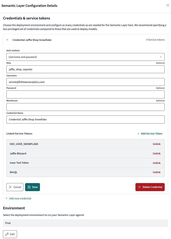 Use the configuration page to manage multiple credentials or link or unlink service tokens for more granular control.